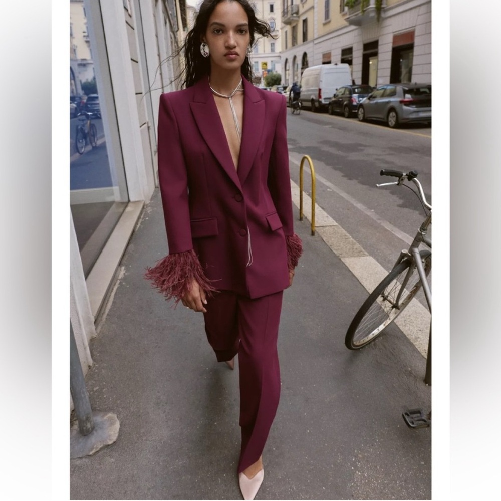 Zara Burgundy Blazer with Feather Cuffs NWOT - Picture 5 of 5